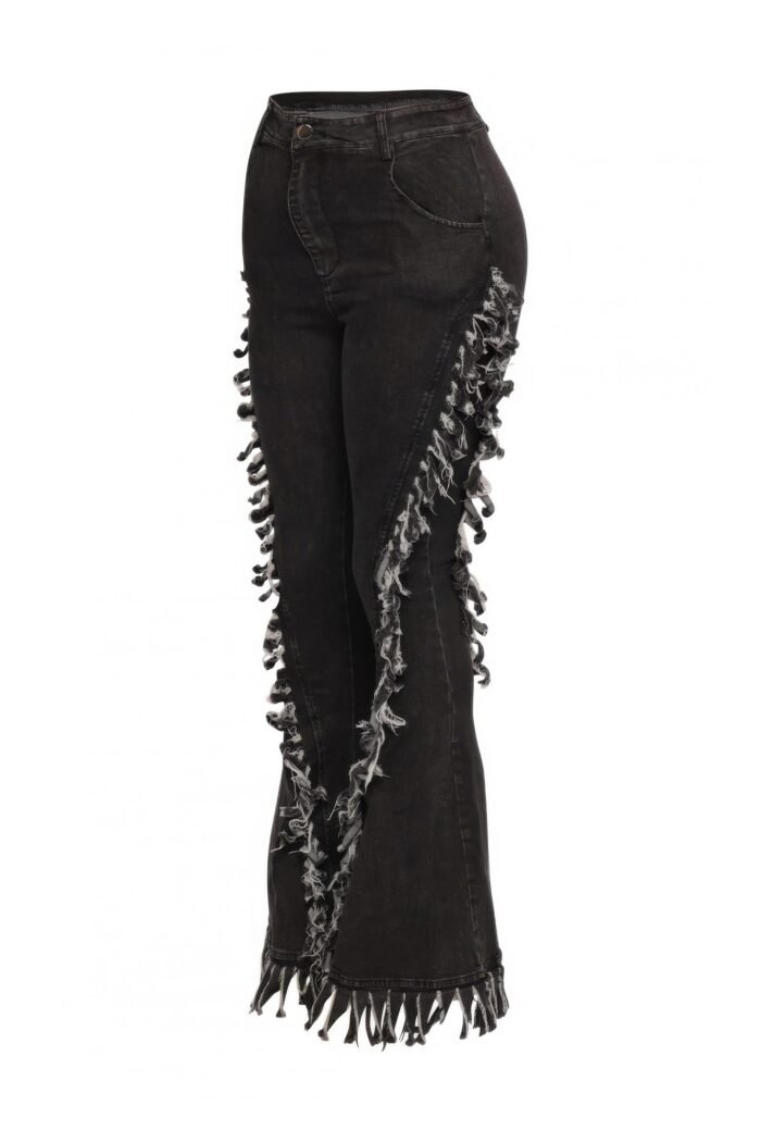 Distressed fringe denim flared pant