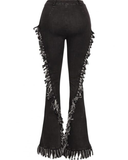 distressed fringe denim flared pant