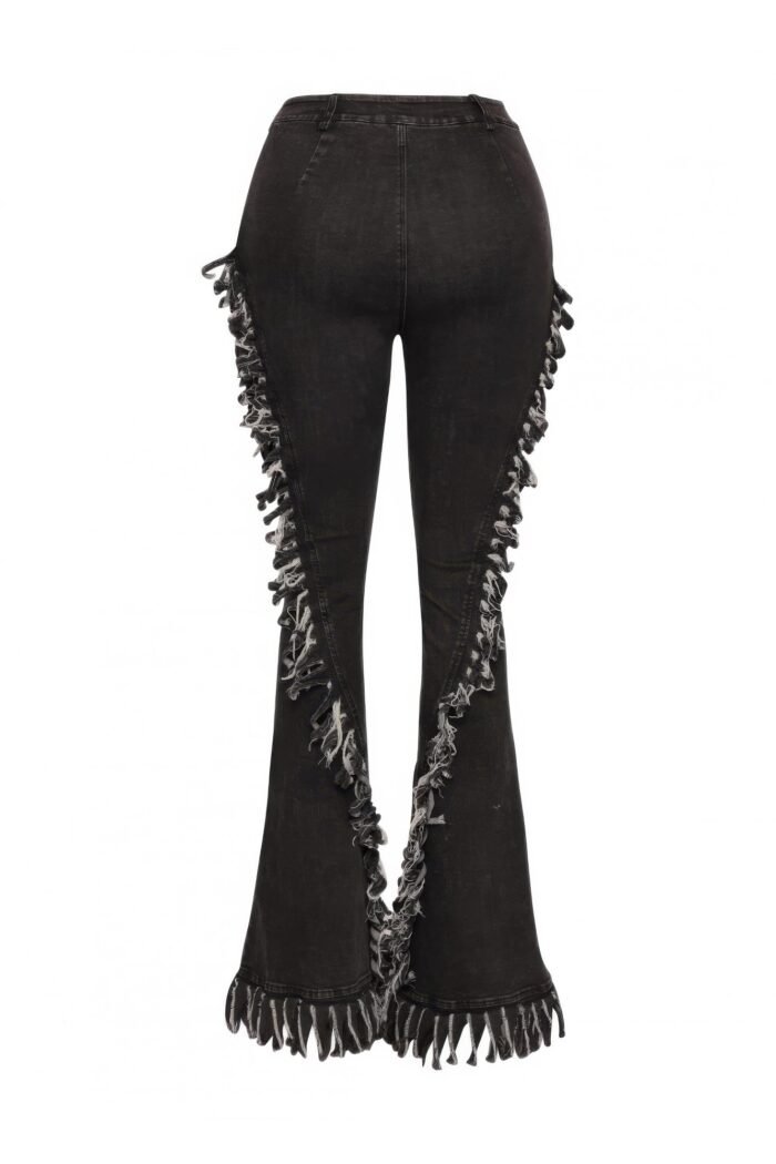 Distressed fringe denim flared pant