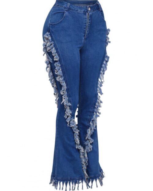 distressed fringe denim flared pant