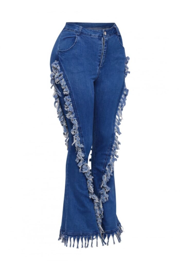 Distressed fringe denim flared pant
