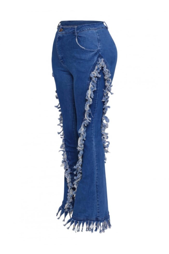 Distressed fringe denim flared pant