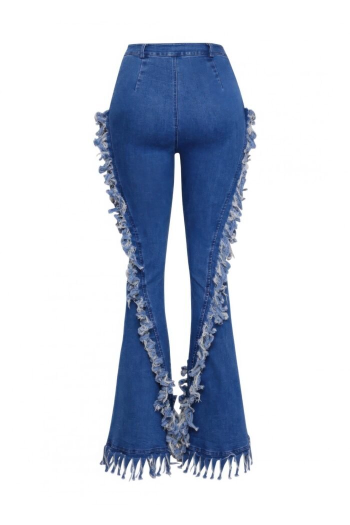 Distressed fringe denim flared pant