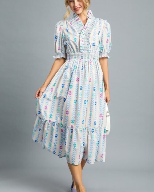 vibrant ruffle smocked midi dress