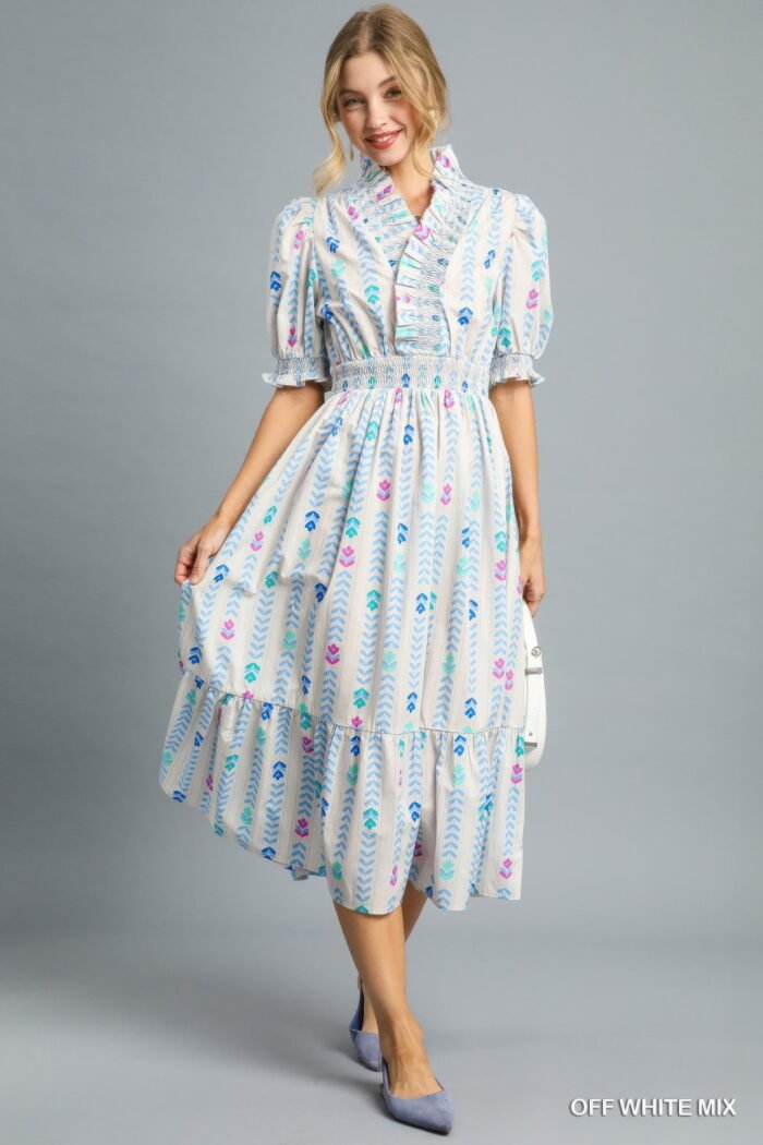 Vibrant ruffle smocked midi dress