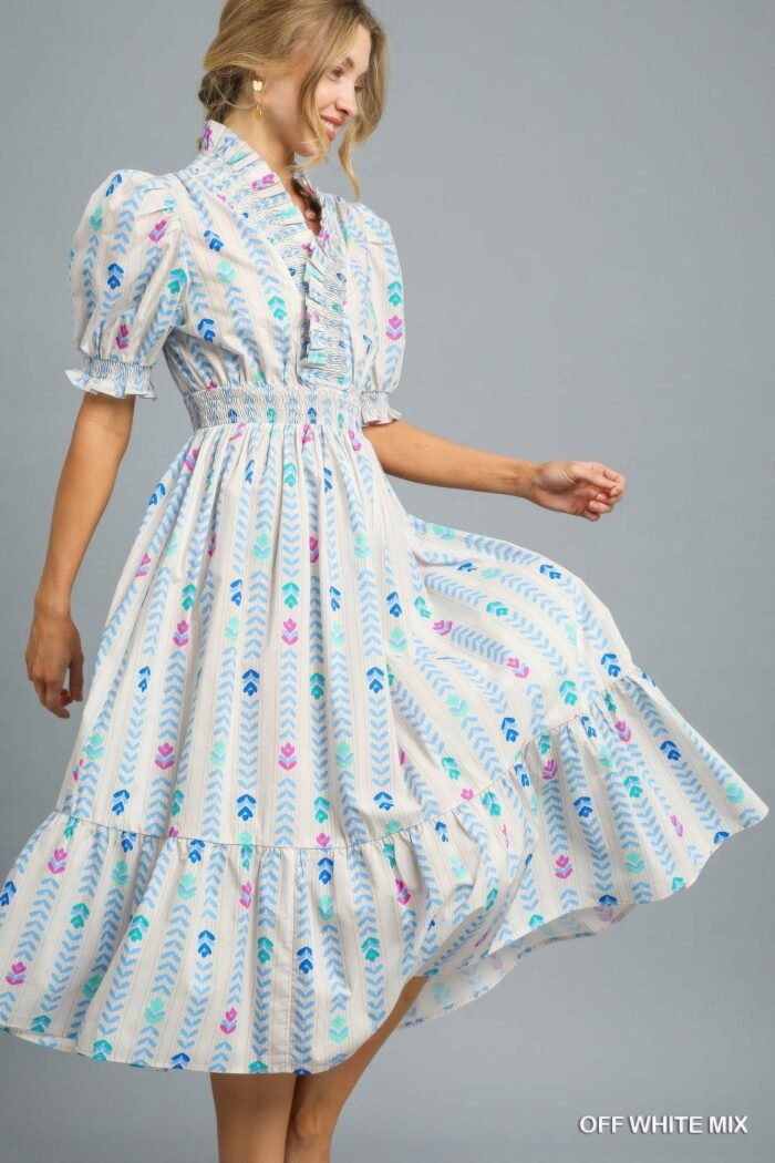 Vibrant ruffle smocked midi dress