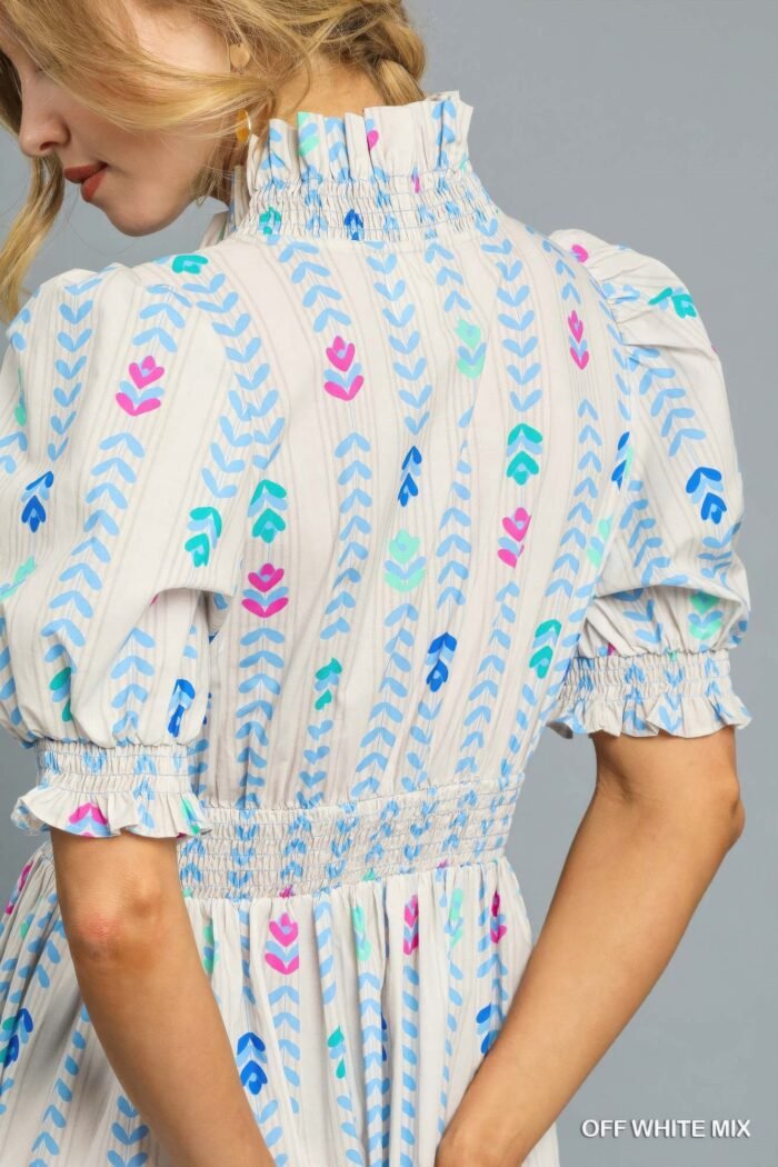 Vibrant ruffle smocked midi dress