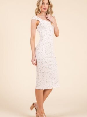 Cap Sleeve Shirred Printed Midi Dress W/ Side Slit Cap Sleeve Shirred Printed Midi Dress W/ Side Slit