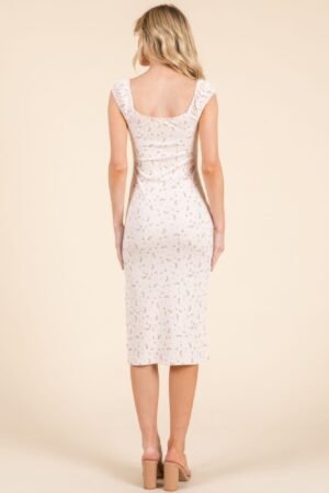 Cap Sleeve Shirred Printed Midi Dress W/ Side Slit
