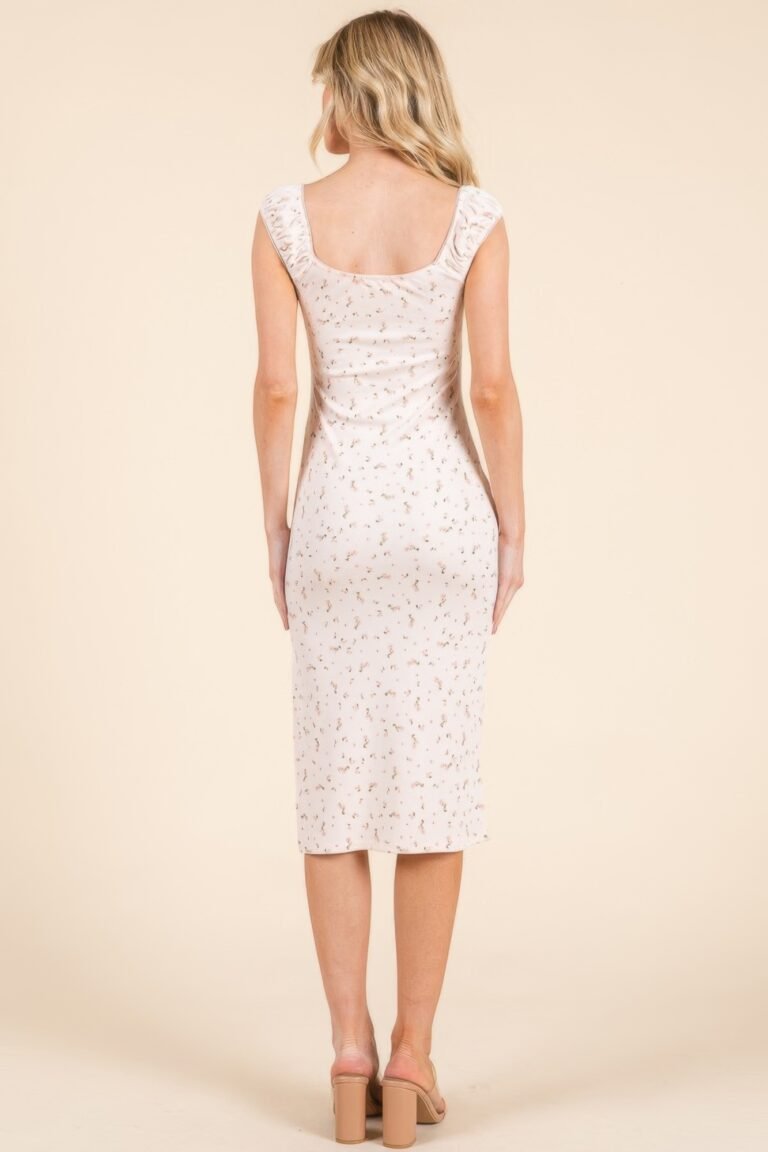 Cap sleeve shirred printed midi dress w/ side slit