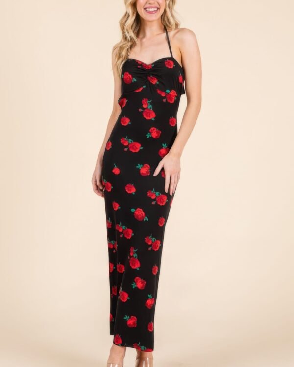 Sweet Heart Gathered Open Back Print Midi Dress