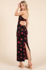 Sweet Heart Gathered Open Back Print Midi Dress