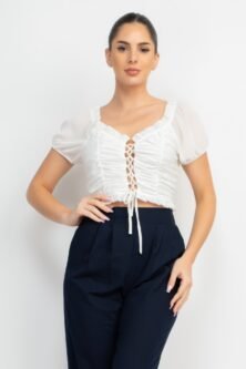 Back Shirred Ruffled Lace-up Crop Top - Image 6