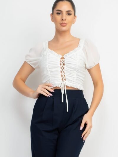 Back Shirred Ruffled Lace-up Crop Top