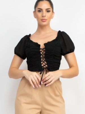 Back Shirred Ruffled Lace-up Crop Top
