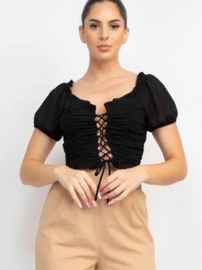 Back Shirred Ruffled Lace-up Crop Top