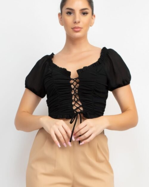 Back Shirred Ruffled Lace-up Crop Top