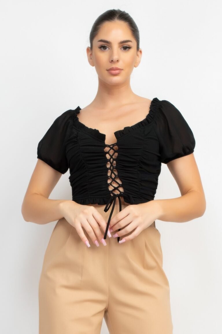 Back shirred ruffled lace-up crop top - image 1