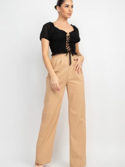 Back Shirred Ruffled Lace-up Crop Top