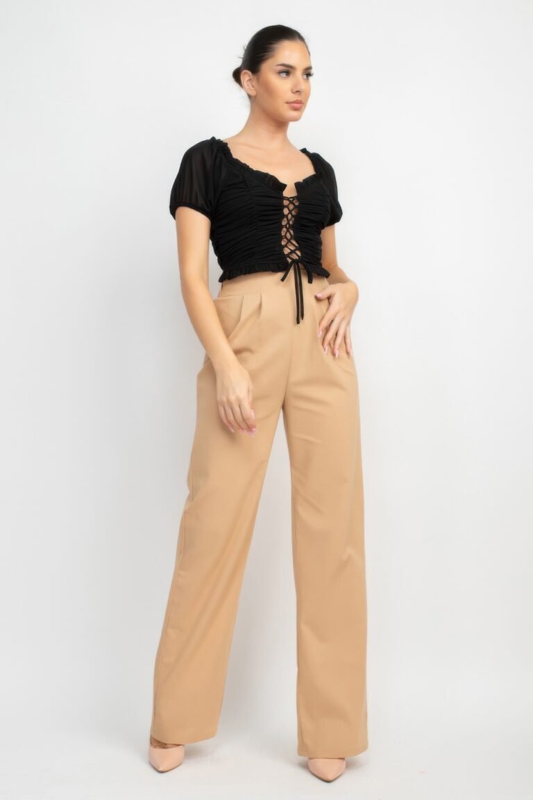 Back shirred ruffled lace-up crop top - image 2