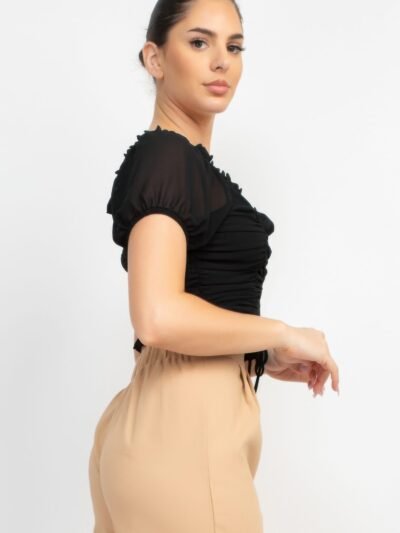 Back Shirred Ruffled Lace-up Crop Top