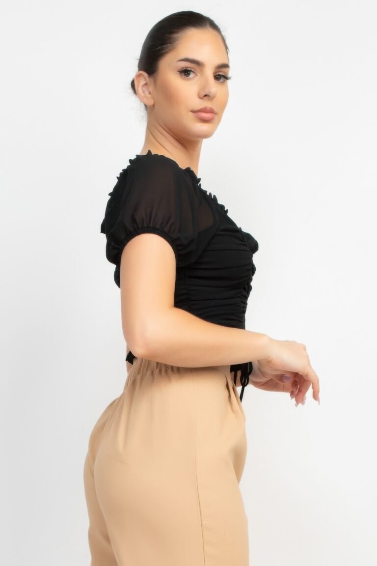Back shirred ruffled lace-up crop top - image 3
