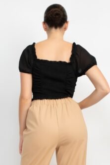 Back Shirred Ruffled Lace-up Crop Top - Image 5