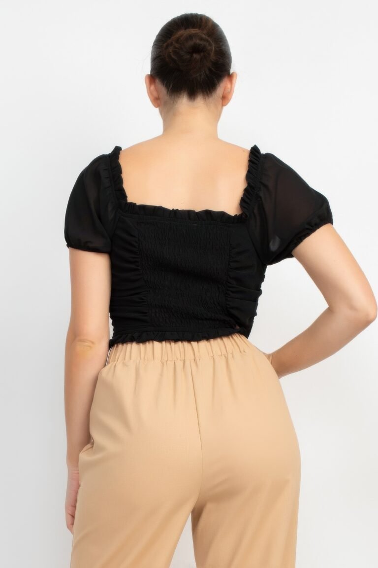 Back shirred ruffled lace-up crop top - image 5