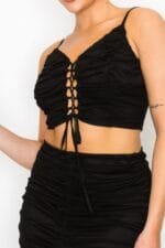 Front Lace-up Crop Top & Shirred Skirt Sets