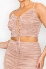 Front Lace-up Crop Top & Shirred Skirt Sets