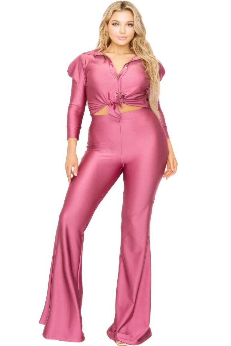 Plus satin 3/4 sleeve wide leg 2 piece set
