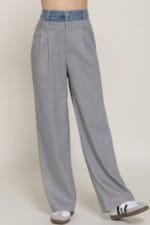 Contrast Denim Waist Straight Long Pants