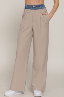 Contrast Denim Waist Straight Long Pants