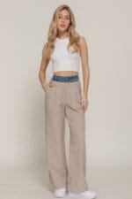 Contrast Denim Waist Straight Long Pants