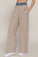 Contrast Denim Waist Straight Long Pants
