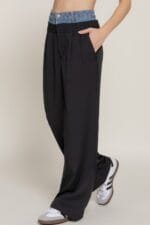 Contrast Denim Waist Straight Long Pants