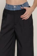 Contrast Denim Waist Straight Long Pants