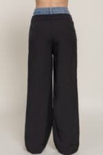 Contrast Denim Waist Straight Long Pants