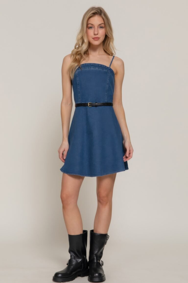 Belted cami a-line denim mini dress