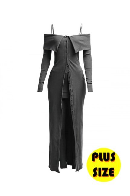 plus size top and skirt leggings set Plus size ribbed long top with thumb holes and skirt leggings set in stretch fabric – off-shoulder two-piece outfit for curvy women.