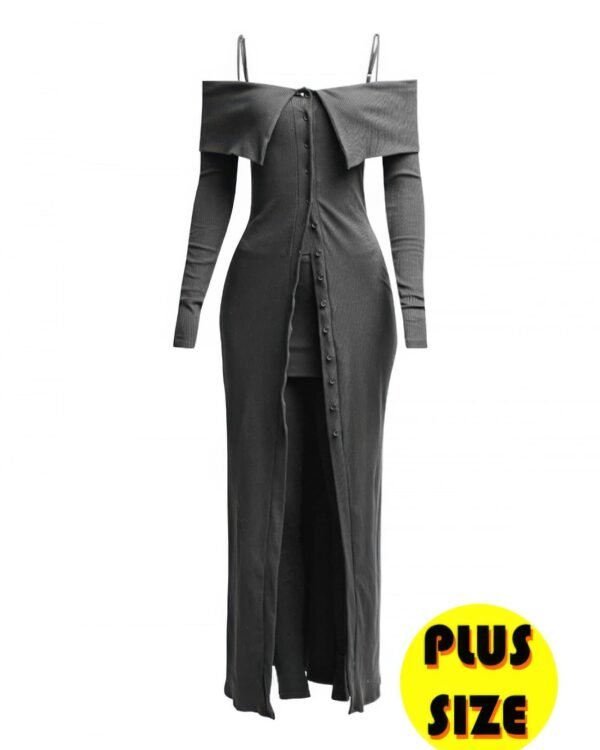 plus size top and skirt leggings set Plus size ribbed long top with thumb holes and skirt leggings set in stretch fabric – off-shoulder two-piece outfit for curvy women.