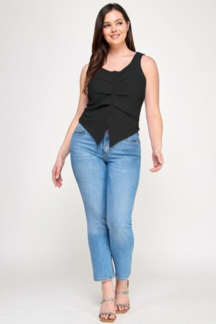 Plus Sleeveless Crinkle Knit Faux Button Down Top