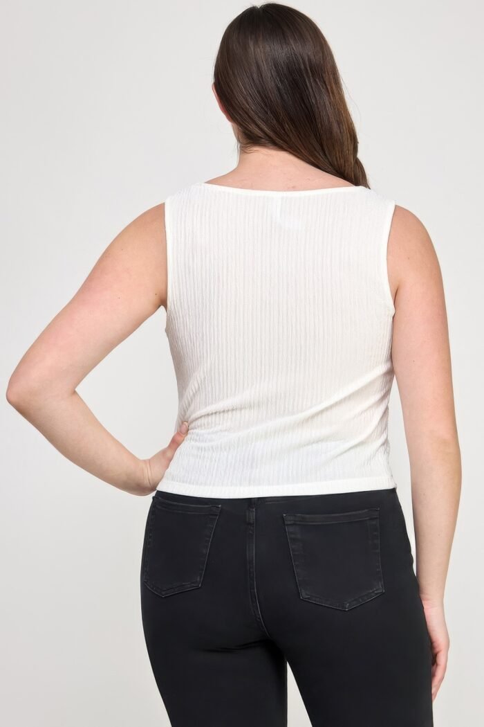 Plus sleeveless crinkle knit faux button down top