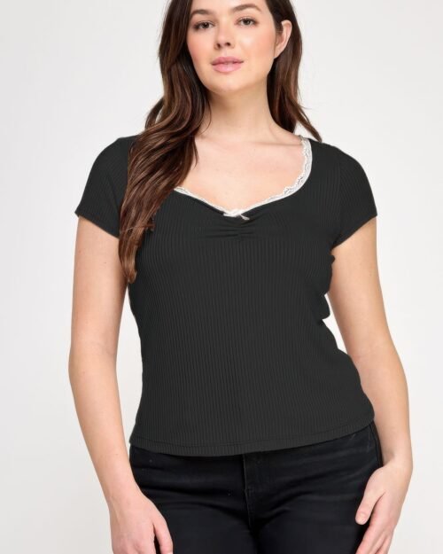Plus Size Short Sleeve Rib Bow Trim Top