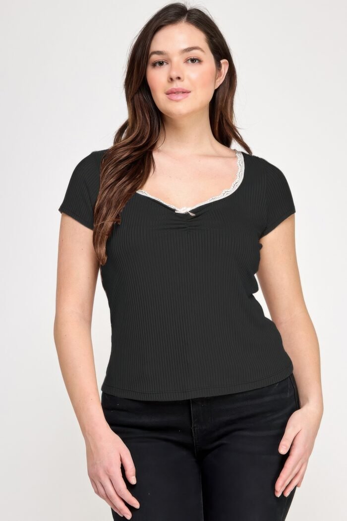 Plus size short sleeve rib bow trim top - image 1