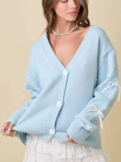 Hand Sewn Satin Ribbon Detail On Sleeve Cardigan Hand Sewn Satin Ribbon Detail On Sleeve Cardigan