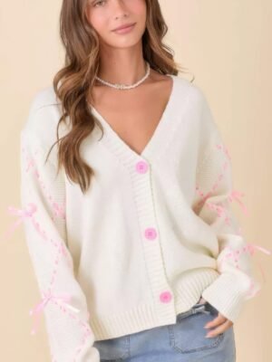 Hand Sewn Satin Ribbon Detail On Sleeve Cardigan