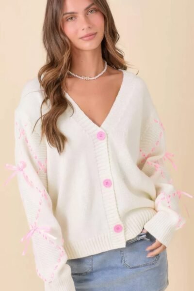 Hand Sewn Satin Ribbon Detail On Sleeve Cardigan