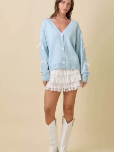 Hand Sewn Satin Ribbon Detail On Sleeve Cardigan Hand Sewn Satin Ribbon Detail On Sleeve Cardigan