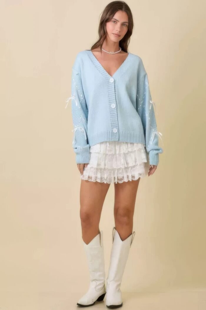 Hand sewn satin ribbon detail on sleeve cardigan